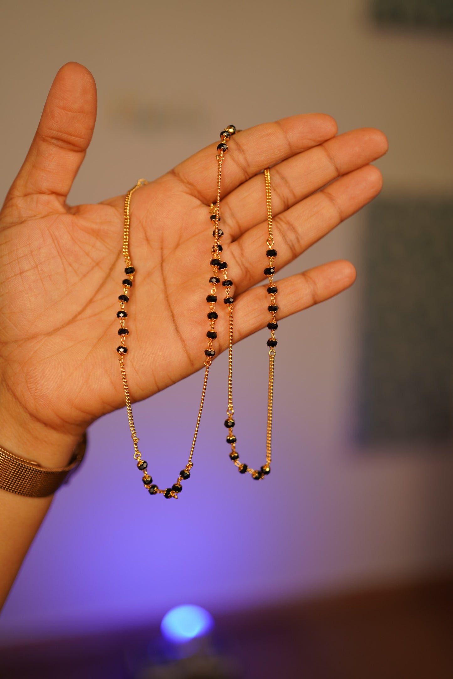 Gold plated mix black beaded chain