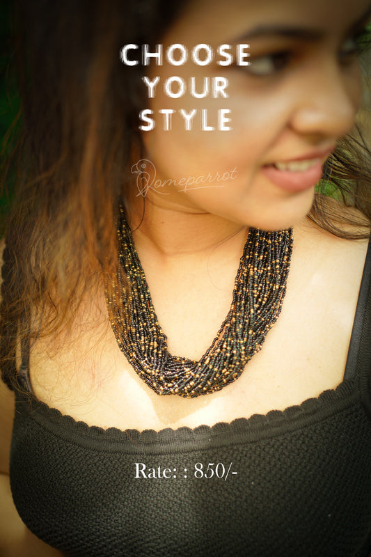 Black & Gold Layered Beads Necklace for Women