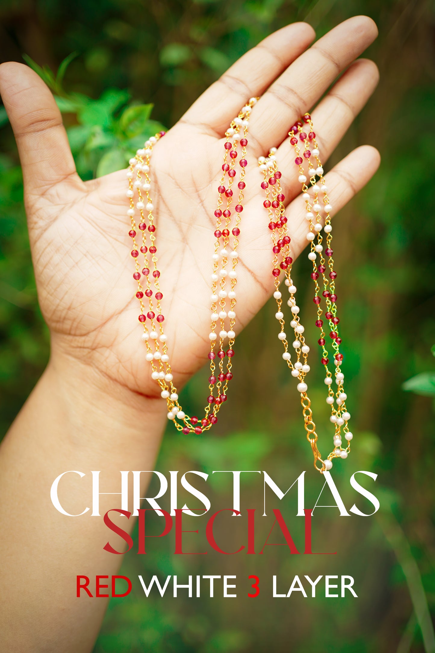 Three Layer White & Red Pearl Necklace
