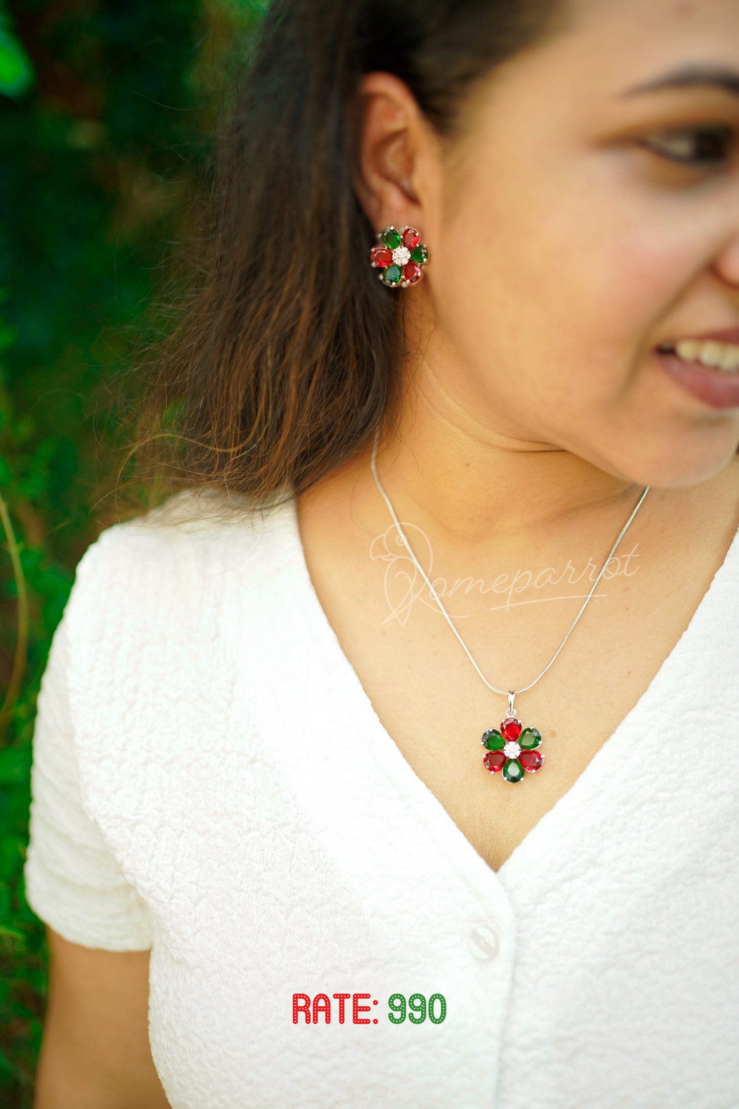 AD Stone Pendent & earrings with silver chain