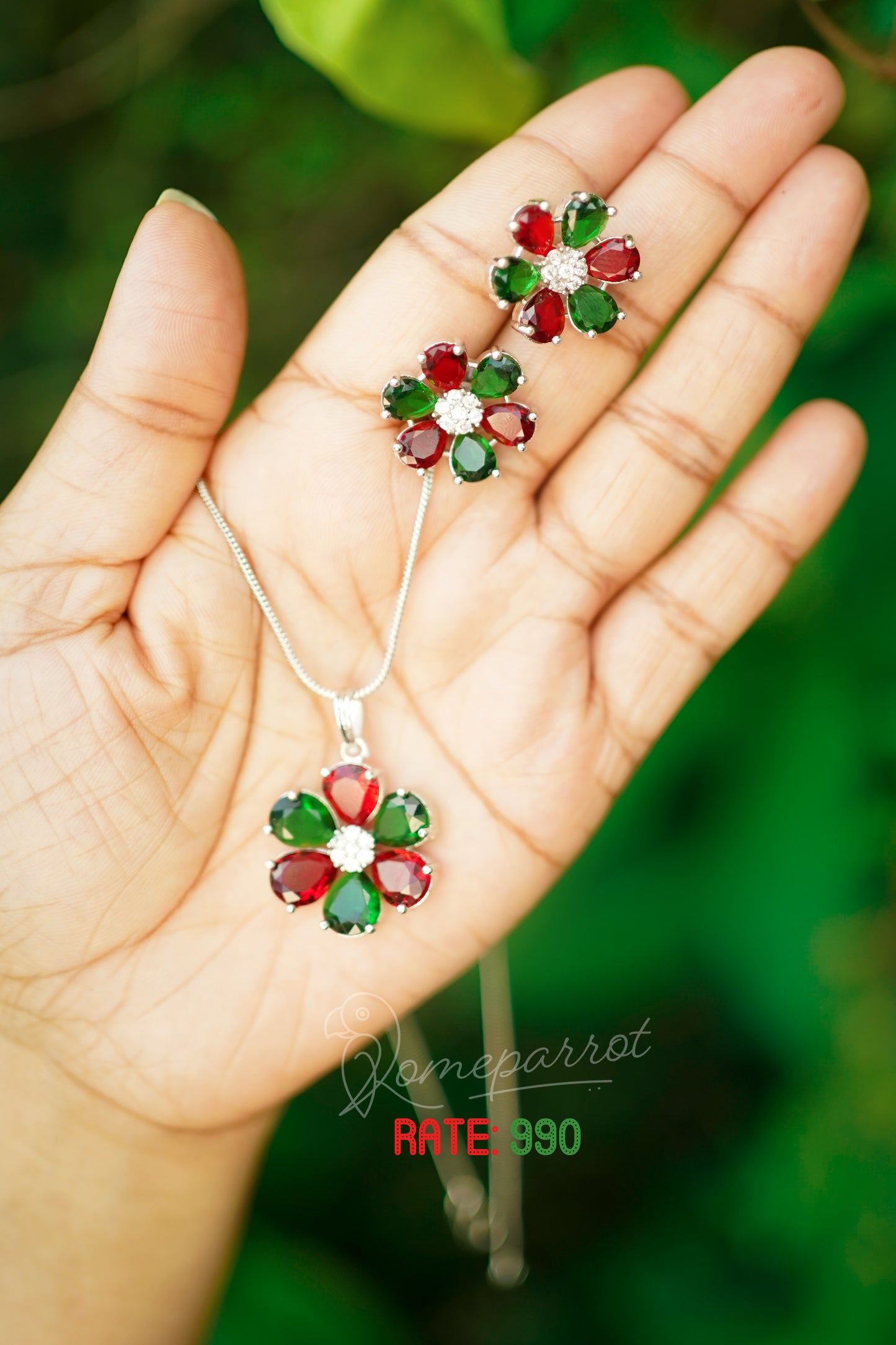 AD Stone Pendent & earrings with silver chain