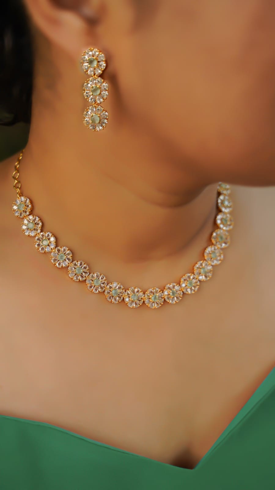 Premium Pastel Green Gold Plated Floral Set