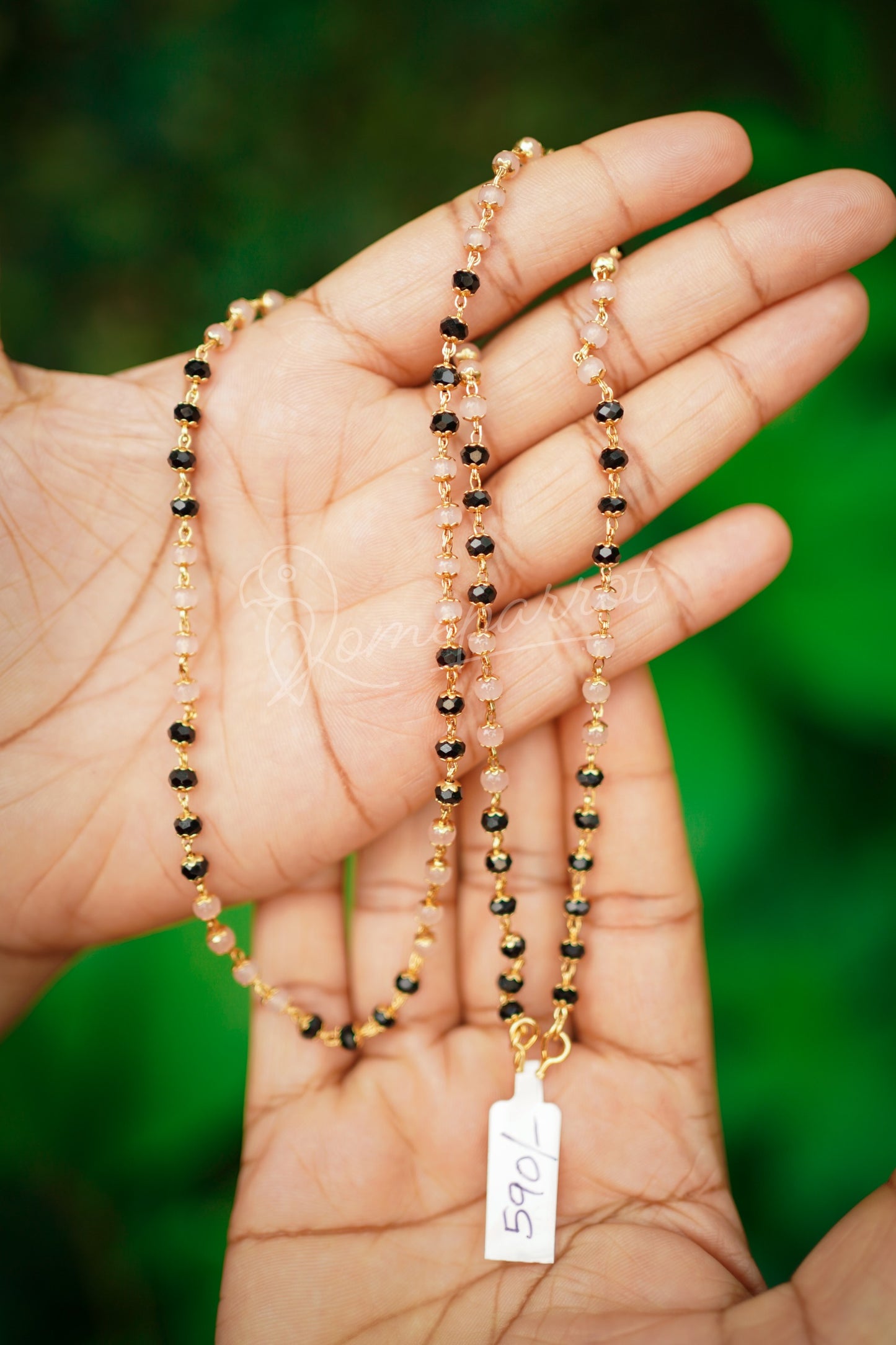 Long black & pink beaded chain