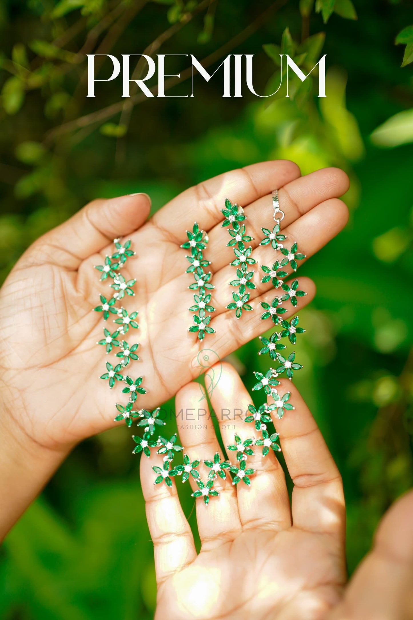 Premium Green Stone Floral Necklace Set