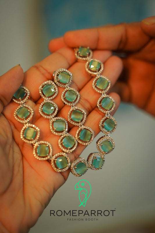 Premium Sea Green AD stone silver necklace