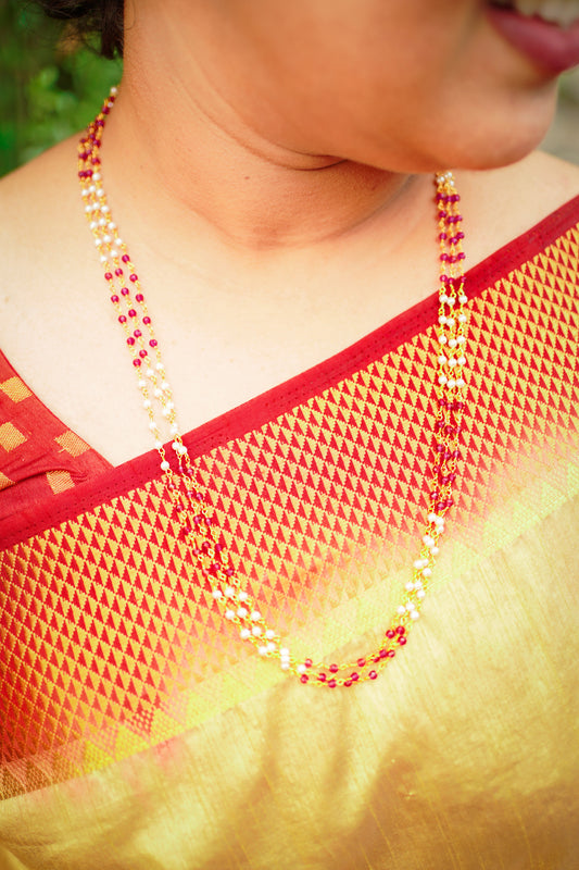 Three Layer White & Red Pearl Necklace