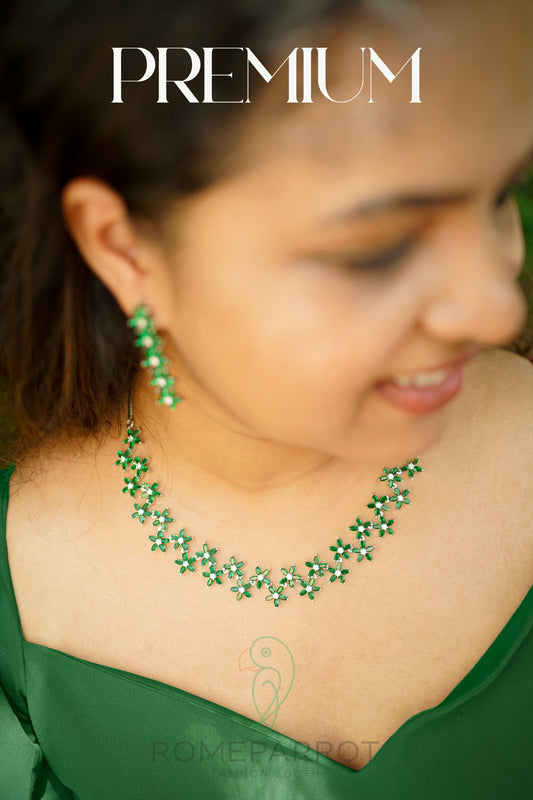 Premium Green Stone Floral Necklace Set